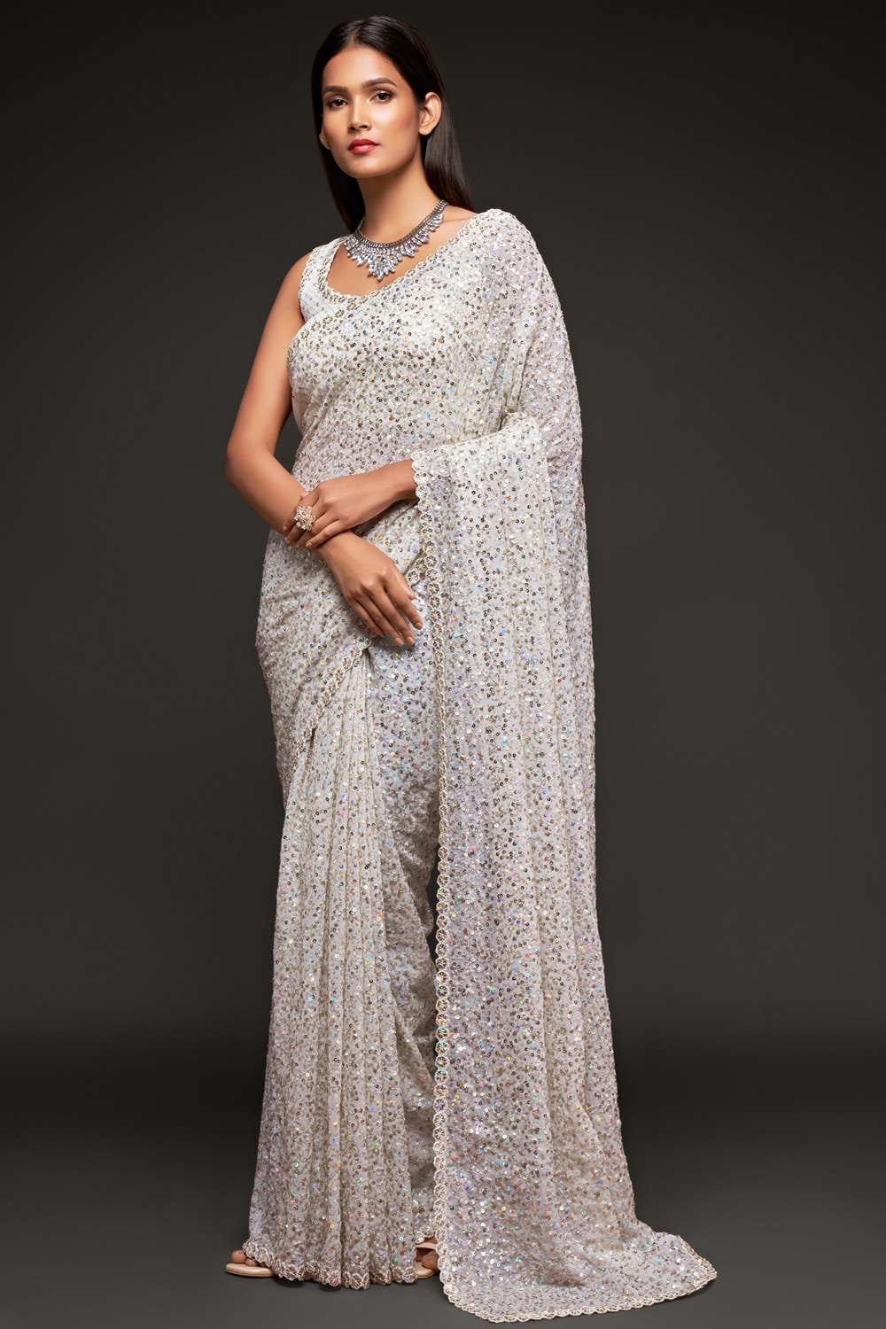 Robe De Soirée Élégante En Georgette Verte à Paillettes – Sari Indien Avec Chemisier Non Cousu