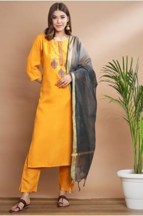 Salwar Kameez en mélange de coton brodé jaune SK15751