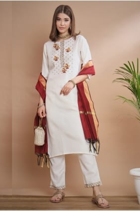 Salwar Kameez blanc en mélange de coton brodé SK15750