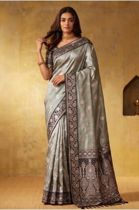 Sari en soie grise tissée en zari SR30333