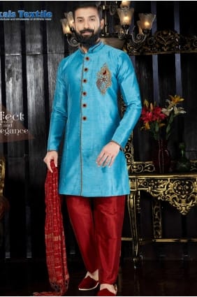 usure ethnique ciel art bleu dupion Kurta Kurta Pyjama kur0115