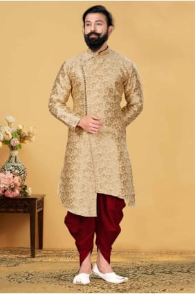 Beige Homme Kurta en jacquard avec uni KURR159