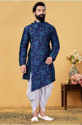 Soie bleu hommes Kurta en uni KURR160