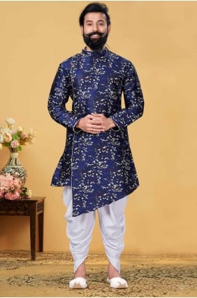 kurta homme en soie bleue avec imprimé uni KURR163