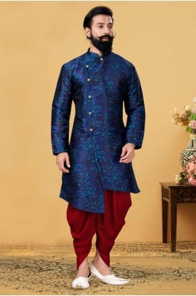 Kurta en soie unie pour homme en bleu KURR165