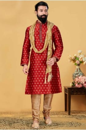 Rouge uni hommes Kurta en soie KURR167