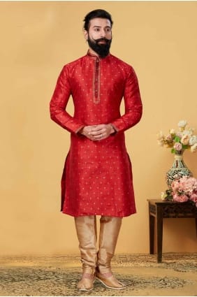 Kurta en jacquard rouge pour homme avec dupatta KURR172