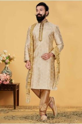 Kurta en jacquard pour homme en beige KURR176
