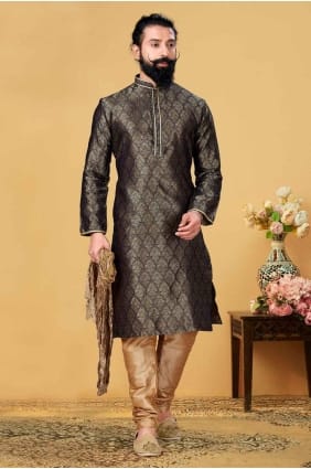 Kurta noir pour homme en jacquard KURR177