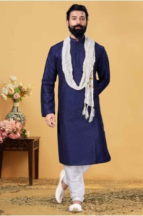 Kurta bleu pour homme en jacquard brodé KURR178