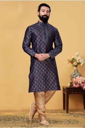 Kurta bleu brodé en jacquard pour homme avec dupatta KURR180
