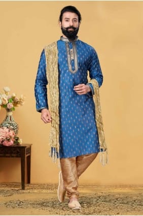 kurta bleu brodé en jacquard avec dupatta pour homme KURR182