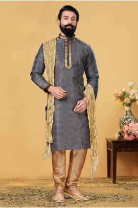 kurta pour homme en jacquard brodé en bleu acier KURR183