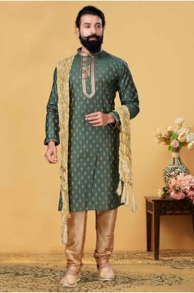 kurta vert pour homme avec jacquard brodé KURR184