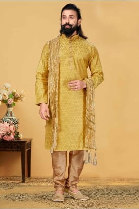 kurta jaune pour homme avec jacquard brodé KURR186