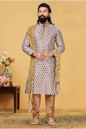 kurta homme jacquard avec broderie en blanc cassé KURR188