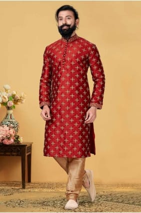 kurta brodé pour homme en jacquard rouge KURR191