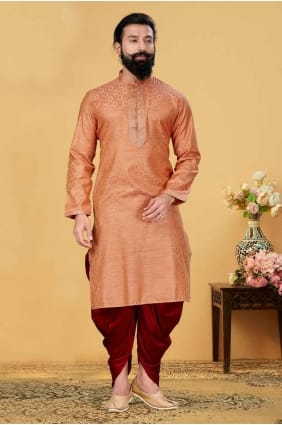 kurta brodé pour homme en jacquard pêche KURR195