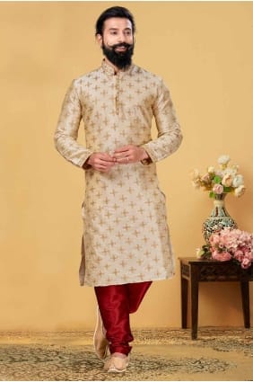 kurta homme en jacquard brodé beige KURR196