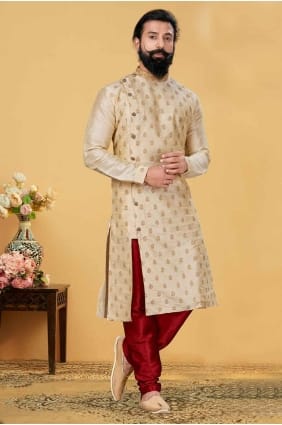 kurta pour homme en jacquard brodé en beige KURR197
