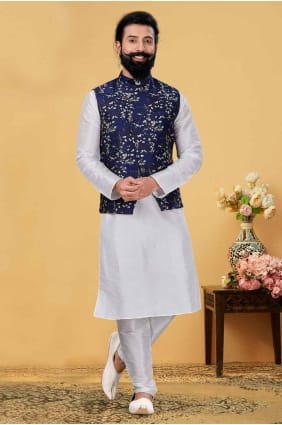 Homme Kurta en soie Dupion blanche avec broderie KURR199