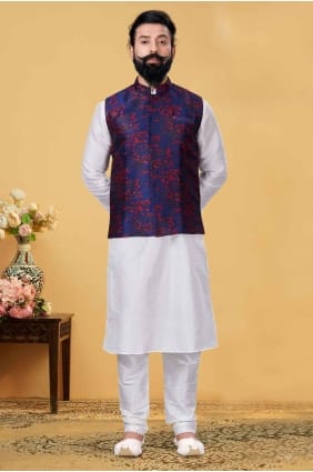Kurta homme blanc en soie DuPion brodée KURR200