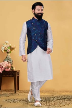 Broderie DuPion Soie Hommes Kurta en Blanc KURR201