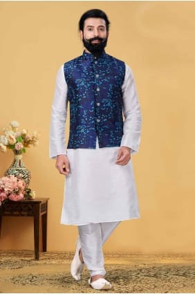 kurta blanc pour homme avec soie dupion brodée KURR203
