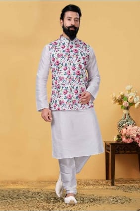 Kurta blanc pour homme avec soie Dupion brodée KURR205