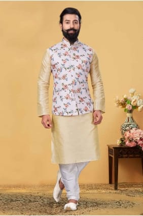 Crème DuPion Soie Brodée Hommes Kurta avec Dupatta KURR208