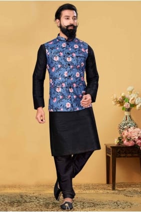 Kurta en soie Dupion brodé pour homme en noir avec Dupatta KURR212
