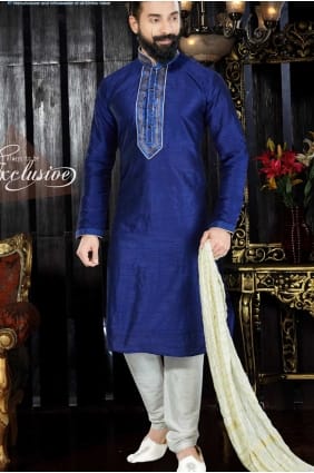 dupion royal art bleu usure ethnique Kurta Kurta Pyjama kur0126