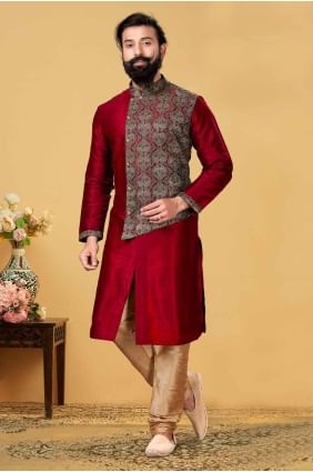 rouge uni soie hommes kurta KURR44