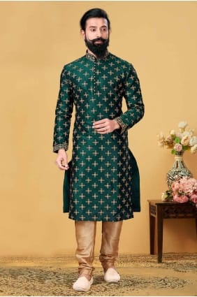Soie brodée homme Kurta en vert avec dupatta KURR50