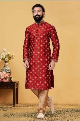 Homme brodé Kurta en soie rouge KURR51