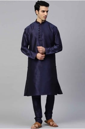 Kurta bleu homme en soie unie KURR53