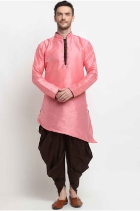 Kurta en soie unie rose clair pour homme KURR64