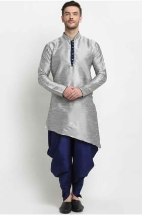 Kurta en soie unie pour homme en gris avec dupatta KURR65