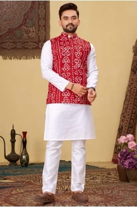 Kurta pour homme en coton rouge avec imprimé KURR18