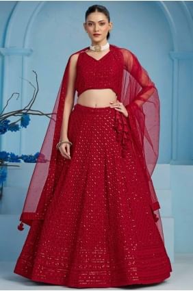 choli lehenga rouge en georgette brodé LC8398