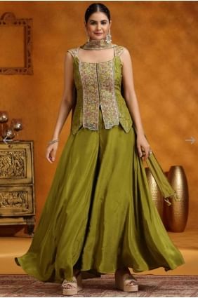 Lehenga Choli vert en mousseline de soie Chinon brodée LC8407