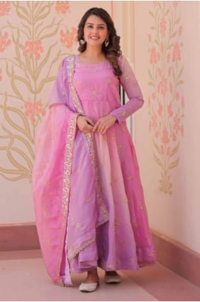 salwar kameez rose en organza avec broderie GW1129