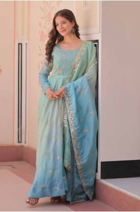 salwar kameez bleu en organza brodé avec dupatta GW1130