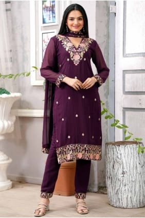 salwar kameez rouge brodé en georgette avec dupatta SK155567