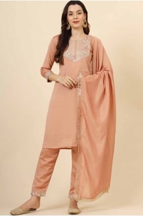 salwar kameez en soie brodée pêche avec dupatta SK155570