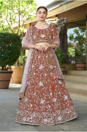Lehenga choli marron en tissu avec broderie LC8412