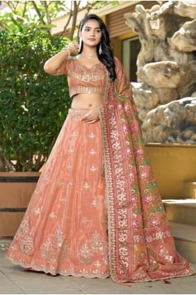 Lehenga choli pêche avec viscose brodée LC8413
