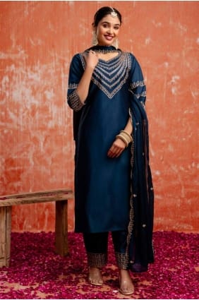 Robe longue bleue en viscose à paillettes avec dupatta SK155578