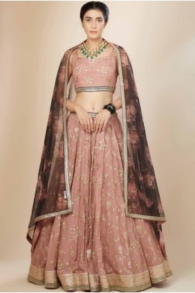 Lehenga Choli rose brodé en georgette LC8440