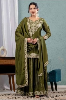 costume sharara brodé en mousseline de soie vert mehendi SS1256
